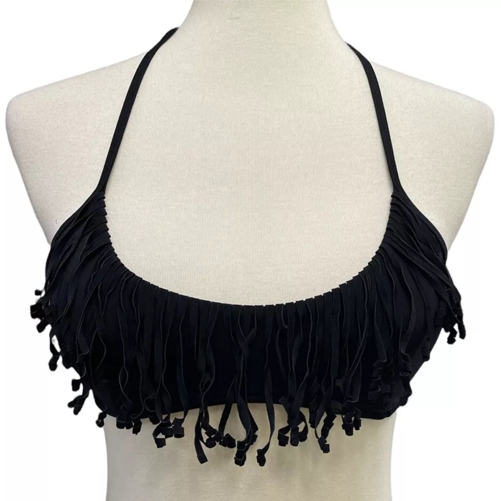 Victoria’s Secret Black Fringe Bandeau Bikini Top Size S Removable Pads